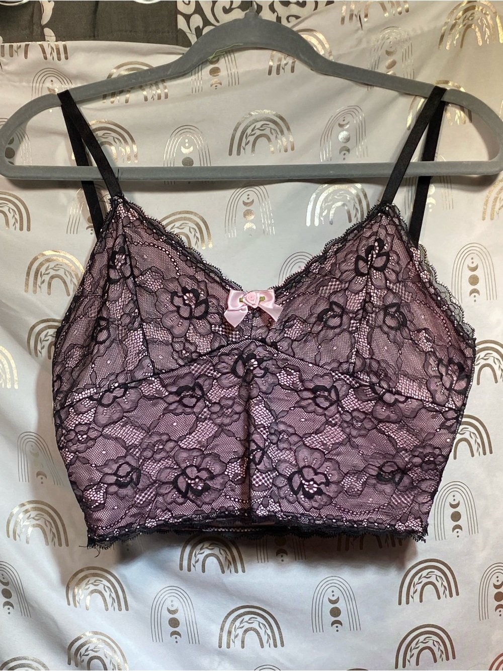 Lace Bralette Crop Top - Pink and Black